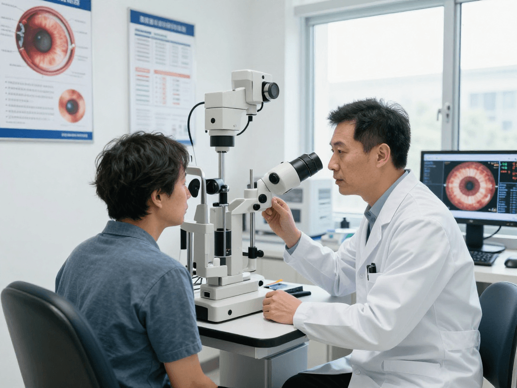 Consultation with a cornea specialist Abu Dhabi in a modern clinic, showcasing advanced diagnostic tools and patient engagement.