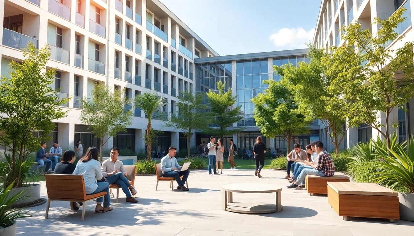Nisantasi University apply: Engaged students collaborating on campus in a modern, vibrant setting.
