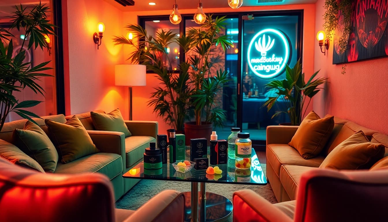 Explore moonbarguy thcp products arranged in a modern lounge setting with cannabis decor.