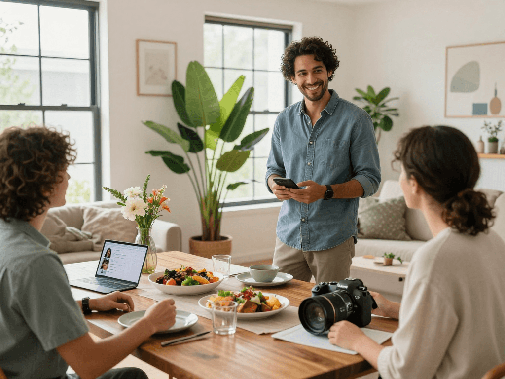 Showcasing how much does airbnb take from hosts, a host greets guests in a bright living room setup, demonstrating welcoming hospitality.