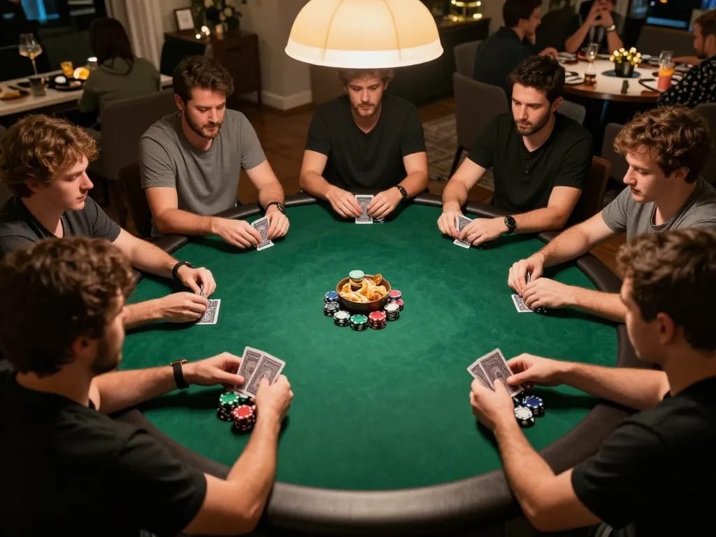 Players engage in a lively poker game at home, showcasing strategic gameplay with 888b.