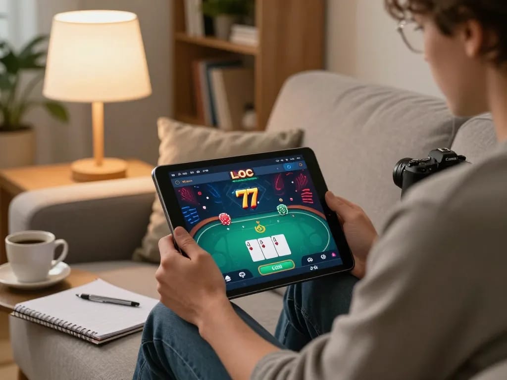 Engaged player using the 77LOC app for online poker in a cozy home setting.