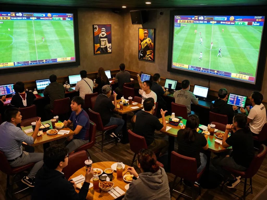 Bongdalu sports betting lounge with enthusiastic fans enjoying live matches on big screens.