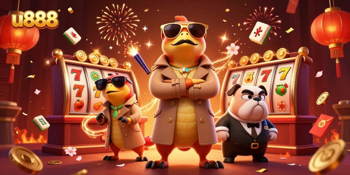 Engage with the exciting u888 casino experience as three raptors, in disguise, attempt to enter a VIP lounge amidst colorful gaming elements.