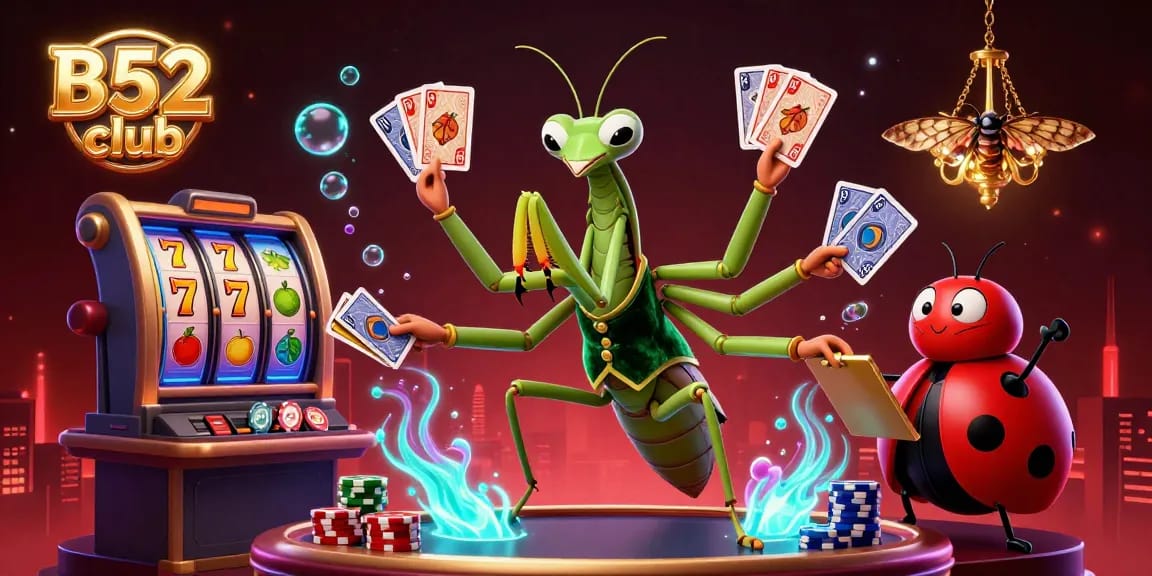 B52 club prays for luck in a vibrant casino scene featuring a praying mantis card sharp and ladybug pit boss.