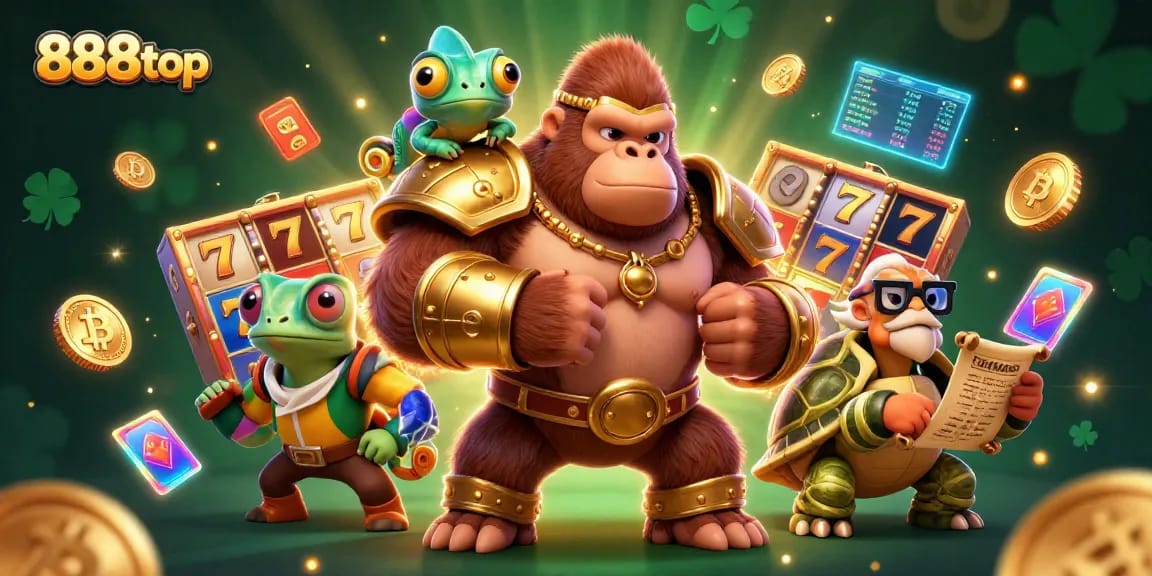 Engage with 888top's vibrant casino scene featuring dynamic characters and glowing slot elements.