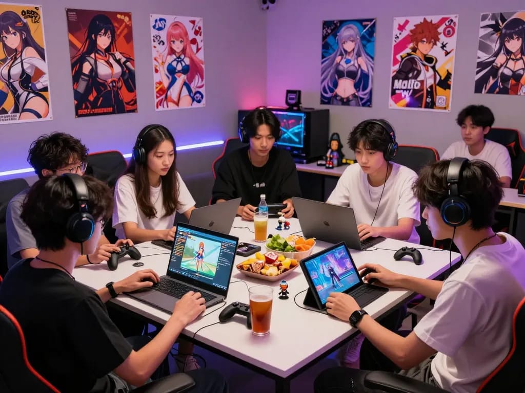 Young adults enjoying a lively gaming session while playing a porngame together in a cozy atmosphere.