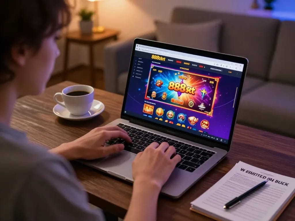 Engaging with 888slot online gaming on a laptop in a cozy home setting, showcasing excitement and strategy.