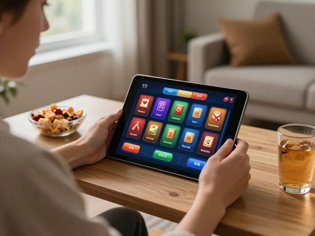 Engaging in online gaming at home with open 88 casino tablet interface, warm inviting atmosphere.
