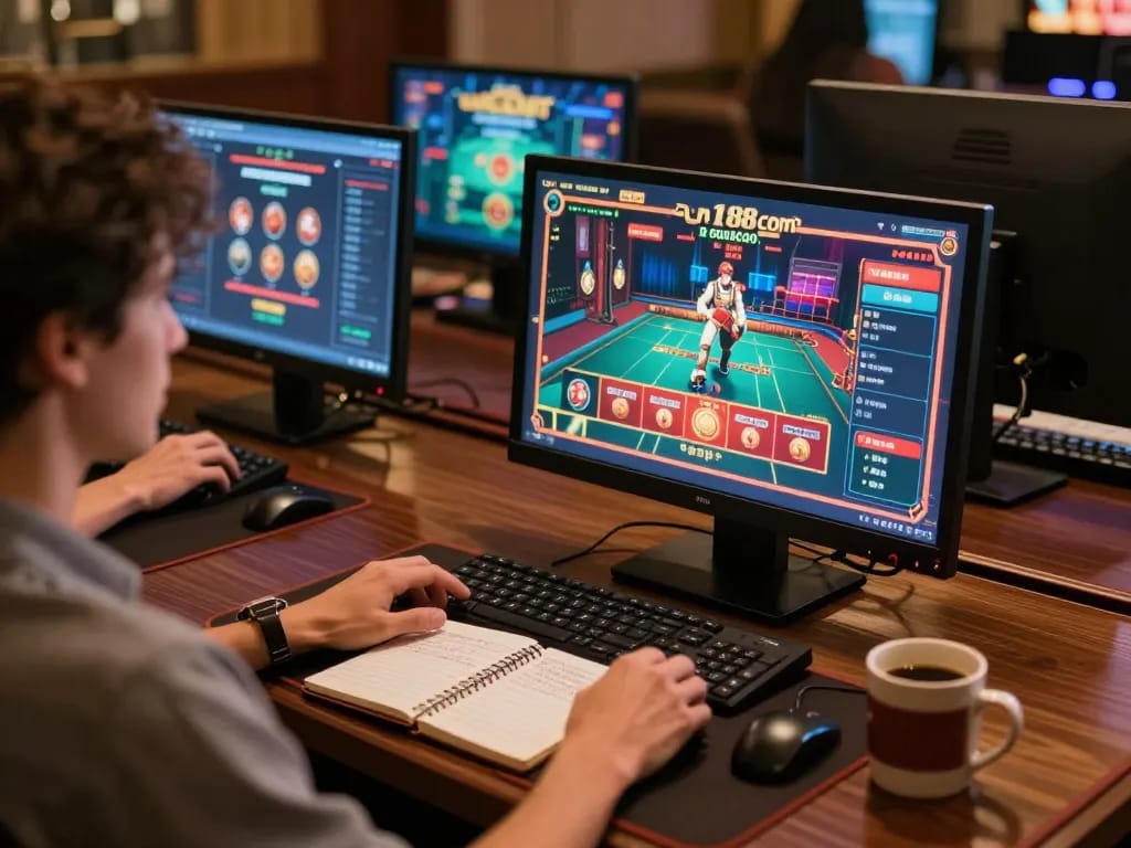 Engaging online gaming scene at n188 com with multiple screens showcasing casino games and strategy notes.