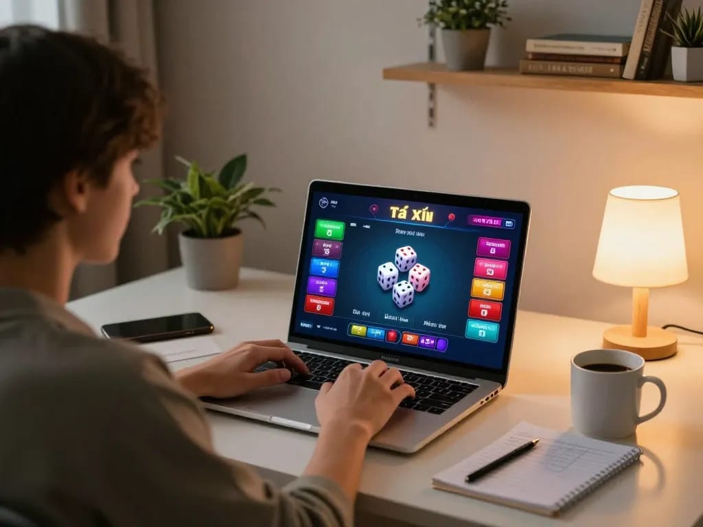 Engaging in strategic gameplay for tài xỉu online with a laptop in a cozy home setup.