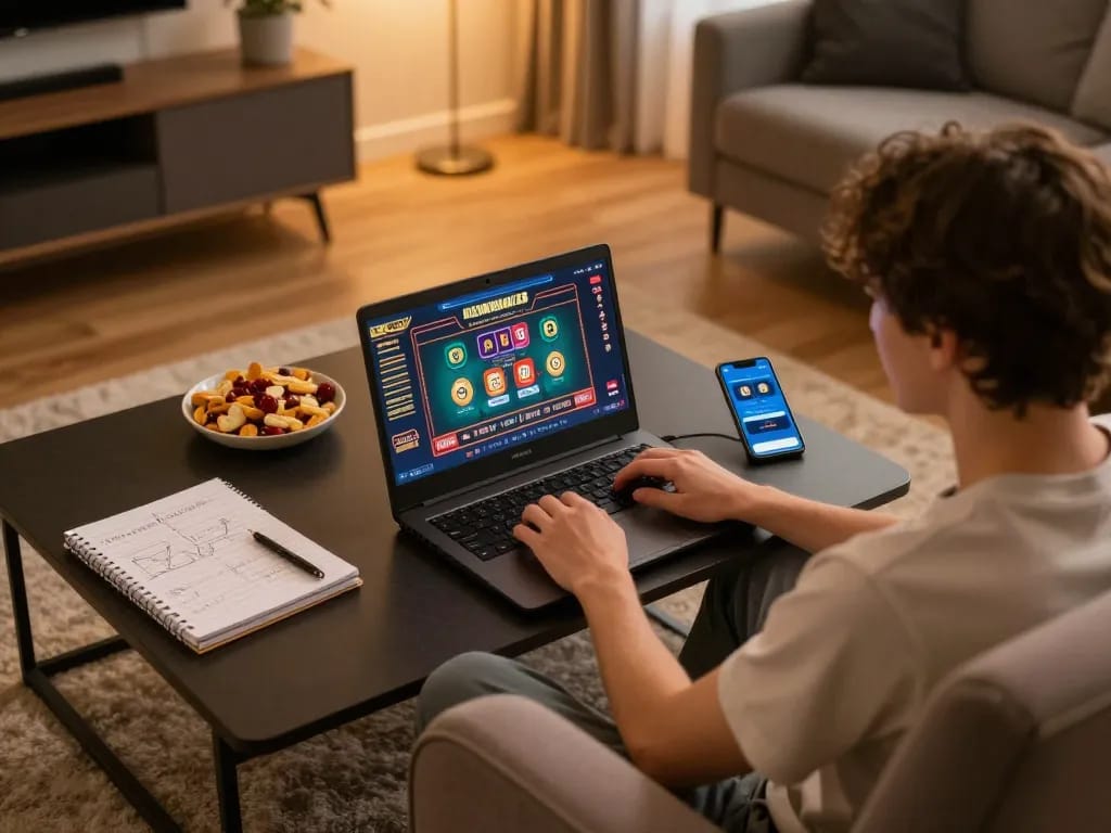 Player enjoying online casino games at home through n188, showcasing cozy gaming setup with laptop and notes.