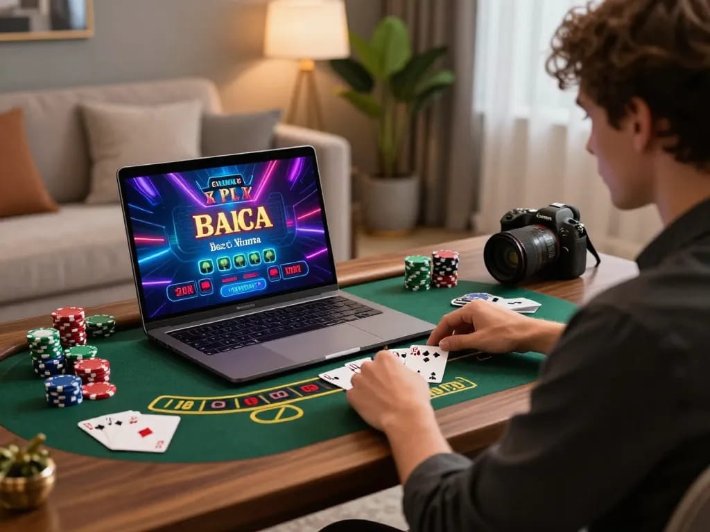 Elegant online gambling setup showcasing a stylish player enjoying 99ok baccarat.