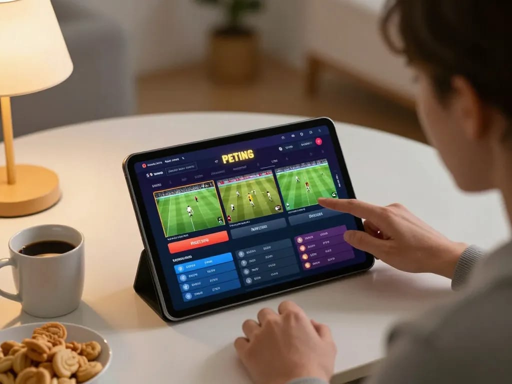 Engaging scene of online sports betting, showcasing trang cá cược bóng đá choices on a tablet in a cozy home setting.