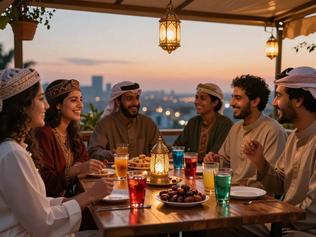 Friends enjoying refreshing drinks at a cafe during Iftar, capturing moments of joy with rokok88.