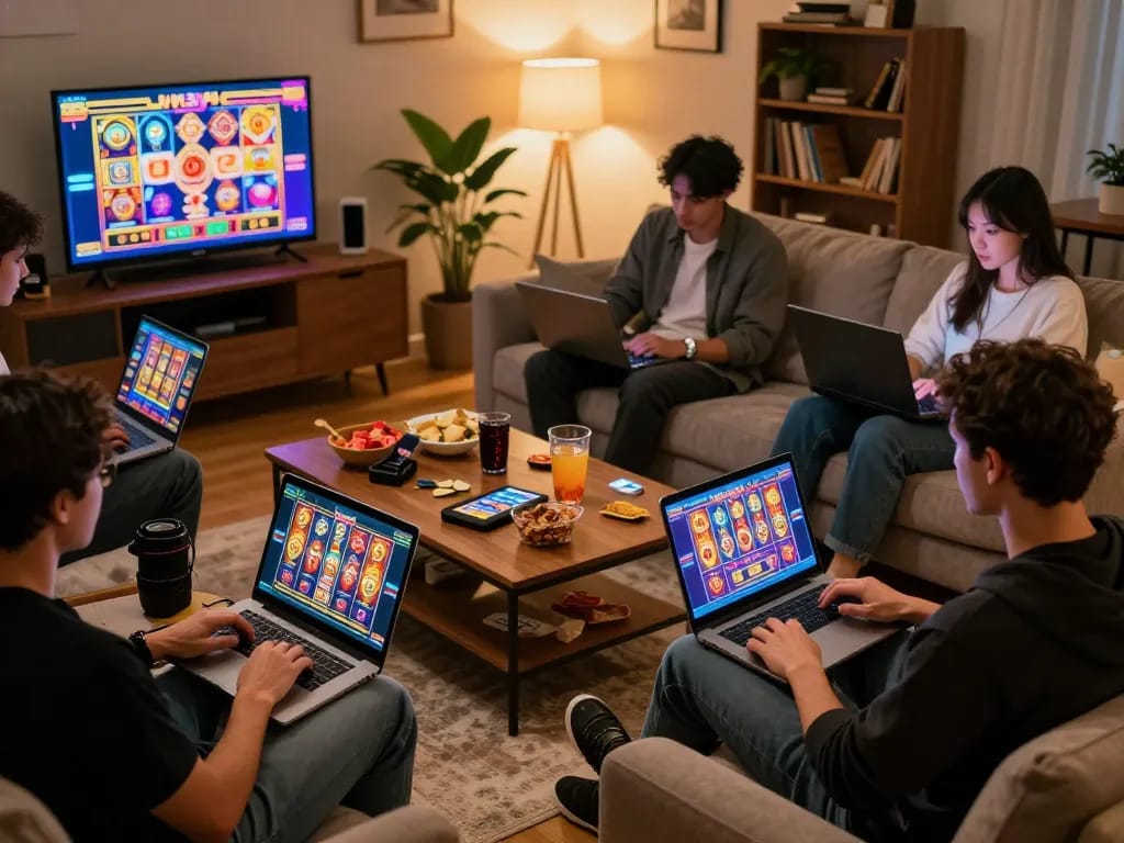 Players engaging in online casino games at home, showcasing Fly88's exciting gaming atmosphere.