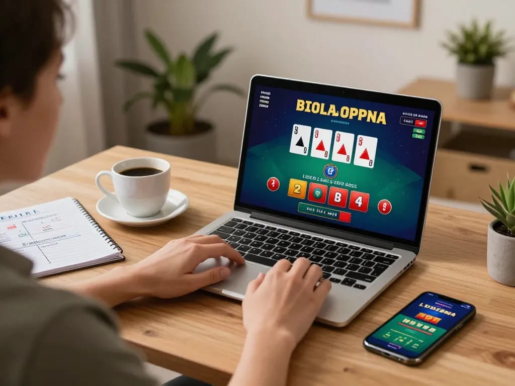 Player immersed in dynamic rokok88 blackjack game on laptop in inviting home setup.