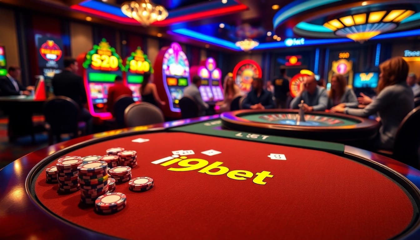 Experience excitement at i9bet with players at a poker table surrounded by casino elements.