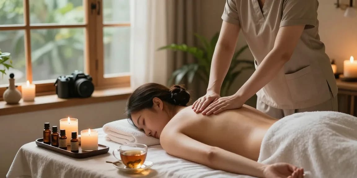 Relaxing 철산동출장안마 experience with soothing massage in a serene home spa setting.