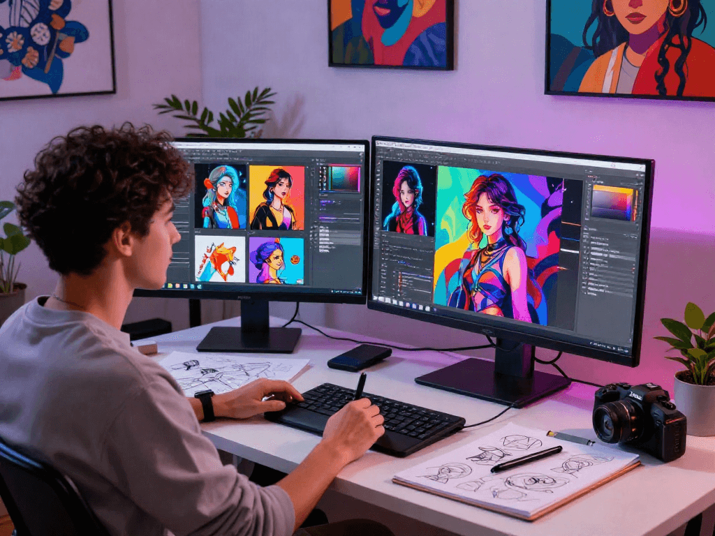 AI NSFW art studio with creative professional designing vibrant digital content in an inspiring environment