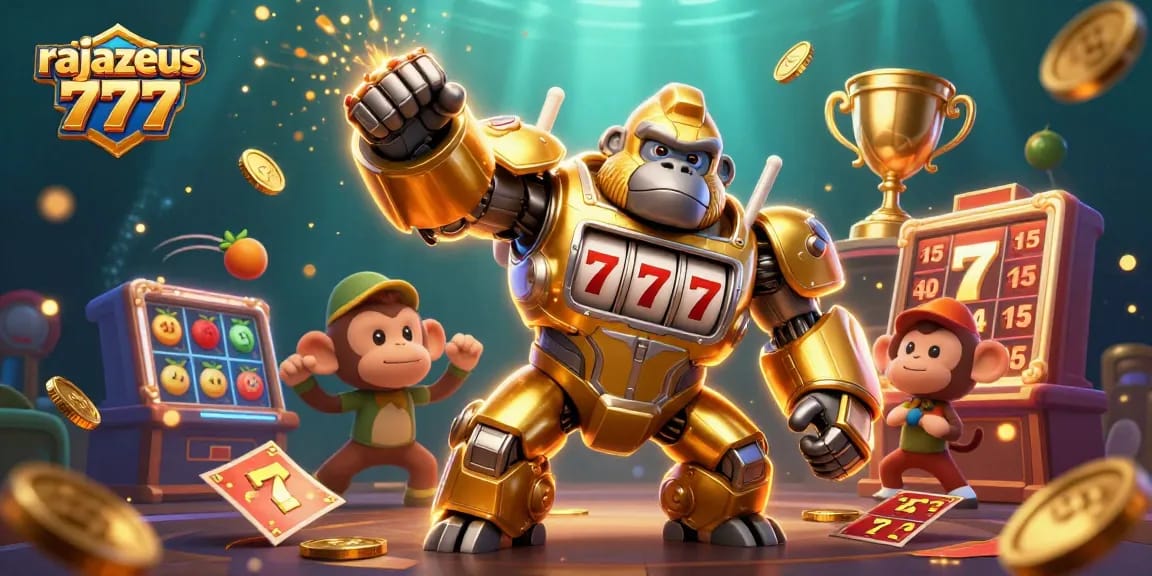 Play thrilling rajazeus 777 slot games as golden gorilla mech strikes with winning symbols!