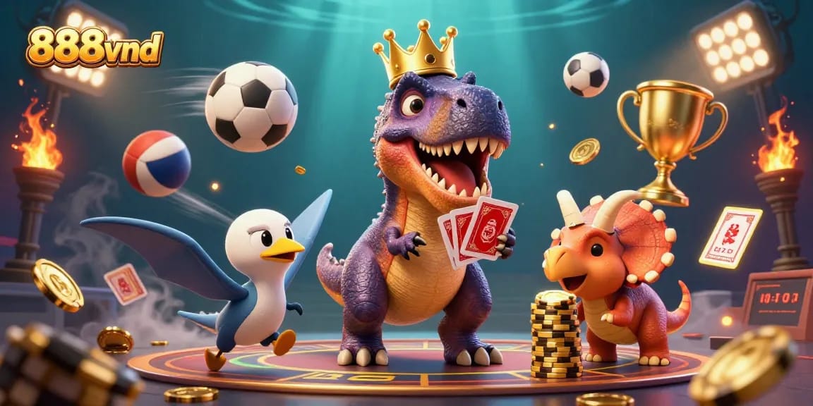 Engage with thrilling action at 888vnd, where a playful T-Rex and friends enjoy a vibrant gaming scene.