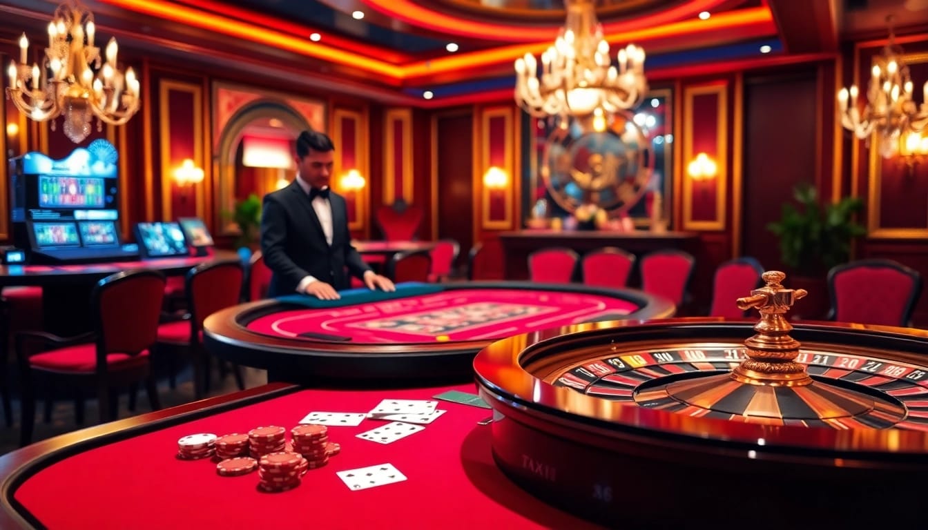 Engaging scene at nhà cái ta88 with vibrant casino gaming elements like poker chips and a roulette wheel.