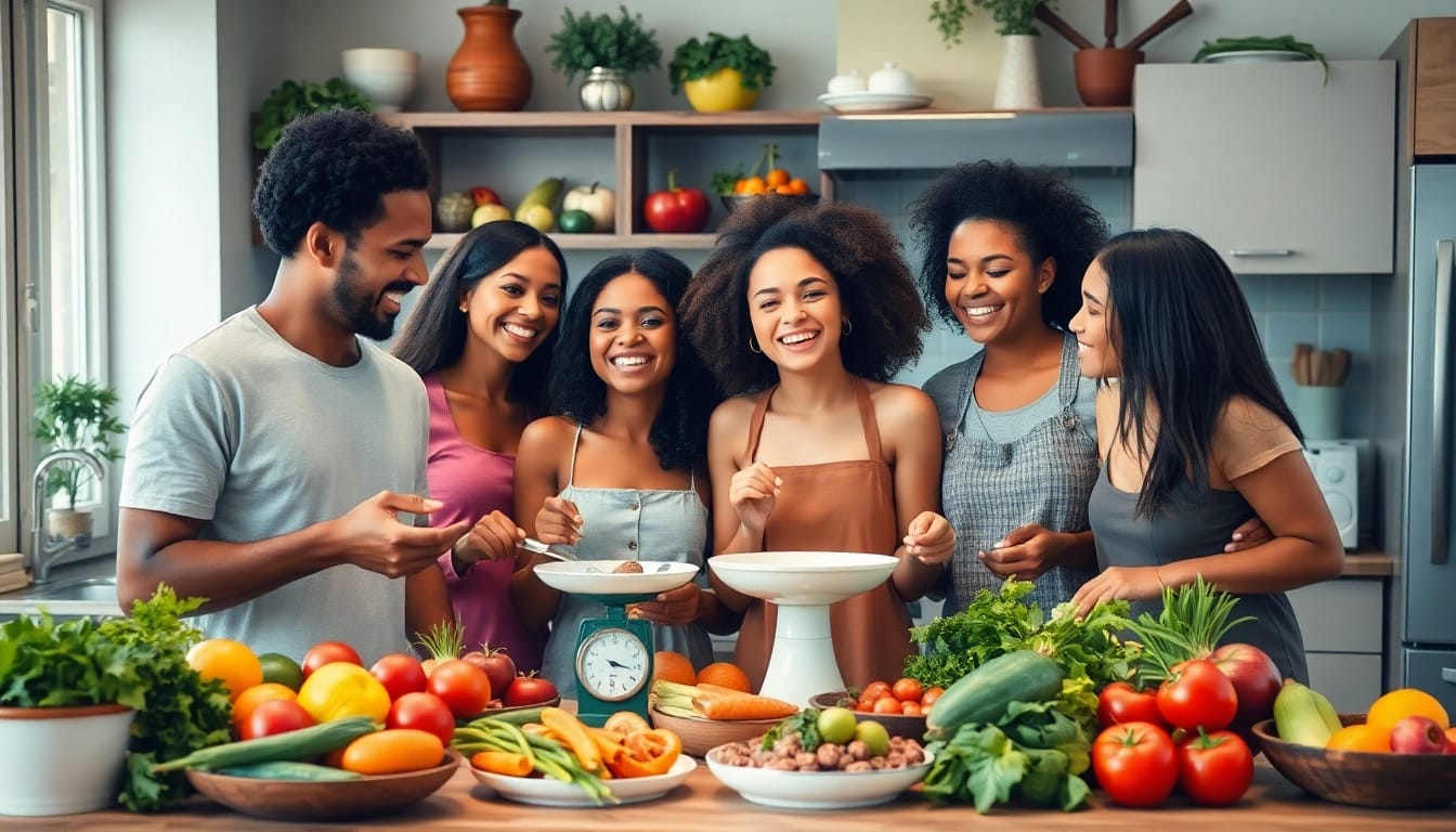 Weight Loss enthusiasts preparing healthy meals collaboratively in a vibrant kitchen.