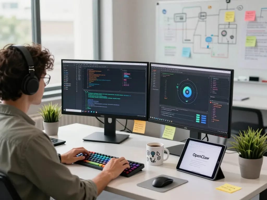 Open claw AI development workspace featuring coding monitors and a vibrant tech environment