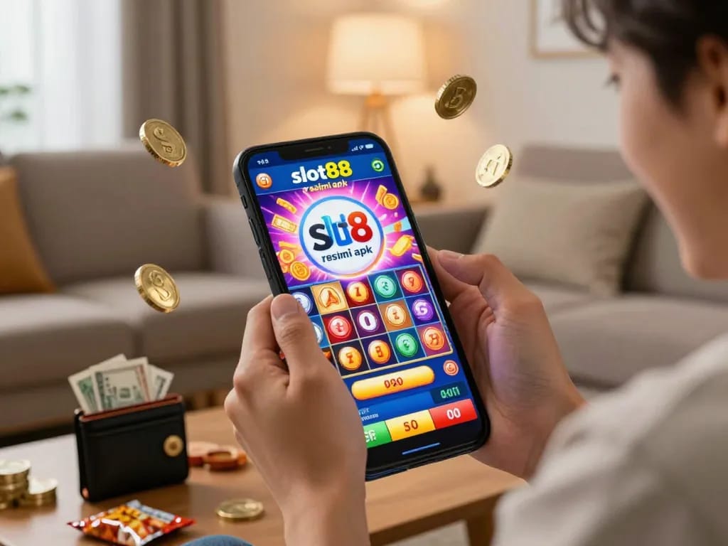 Player celebrating a win using the slot88 resmi apk on a mobile device in a cozy living room.