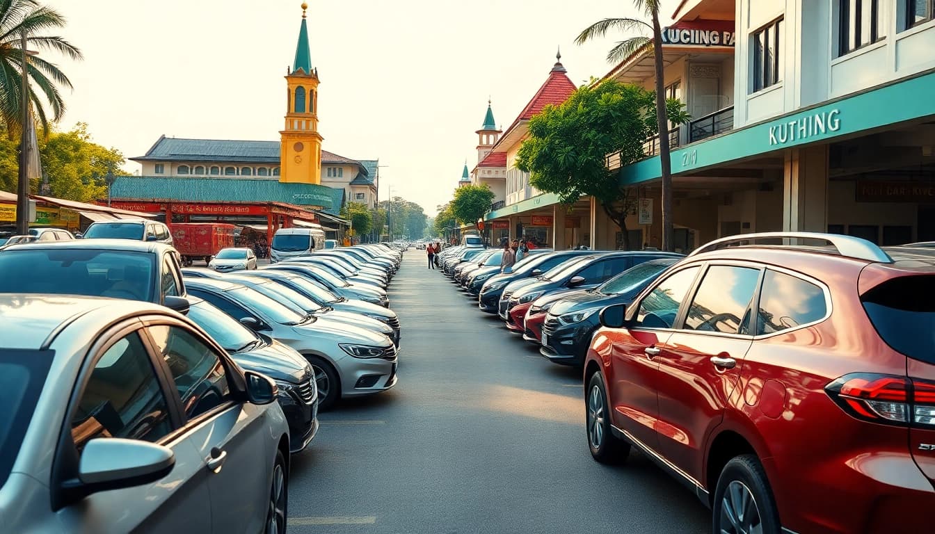 Car rental in Kuching Sarawak, showcasing vibrant cars and local atmosphere.