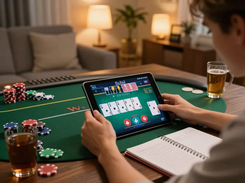 Player engaging in online poker using 8kbet app with betting notes and cozy atmosphere.