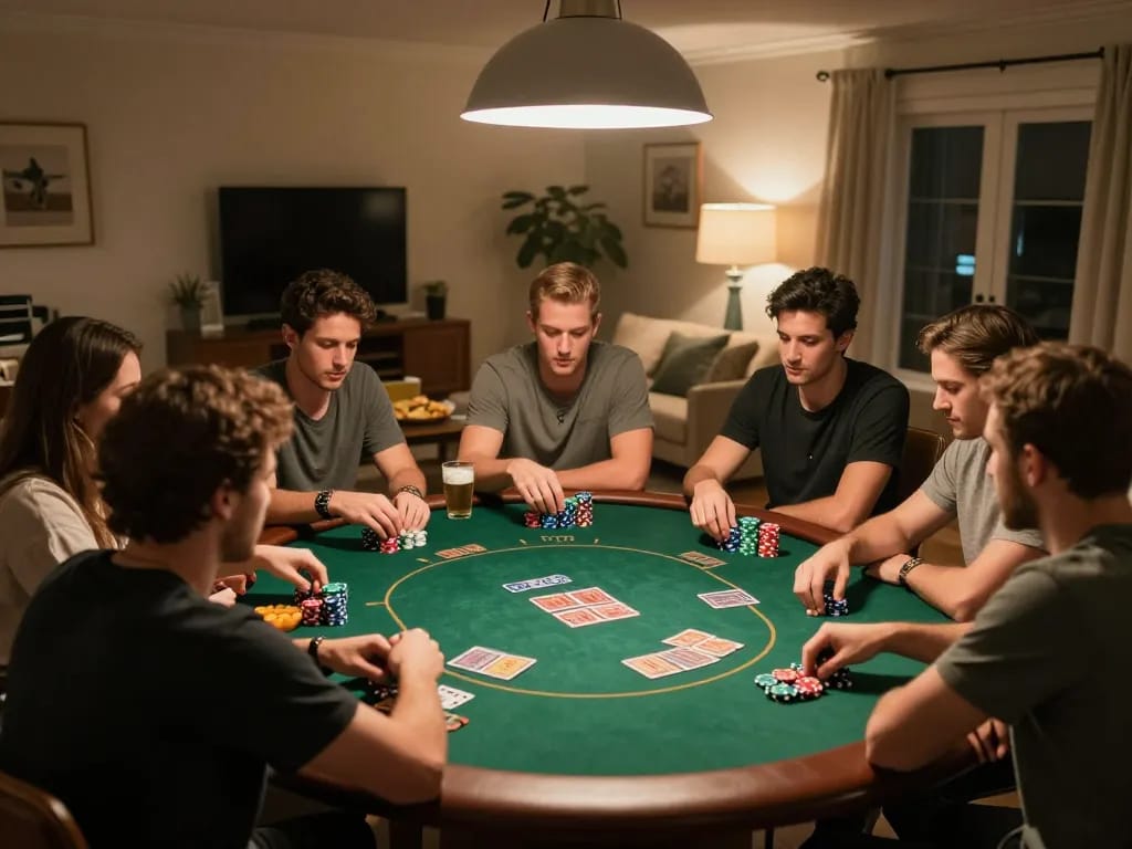 FLY88 poker night with friends at home, featuring players deeply engaged in a game of Texas Hold'em.