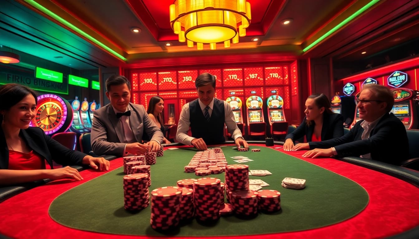 Excited gamblers engaging at a luxurious poker table in Hello88 casino setting.