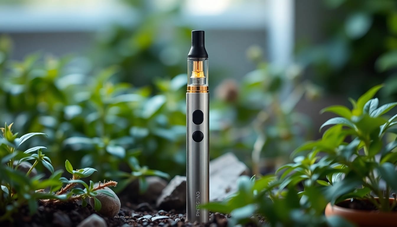 Buy DMT with a radiant vape pen surrounded by tranquil herbs and plants.