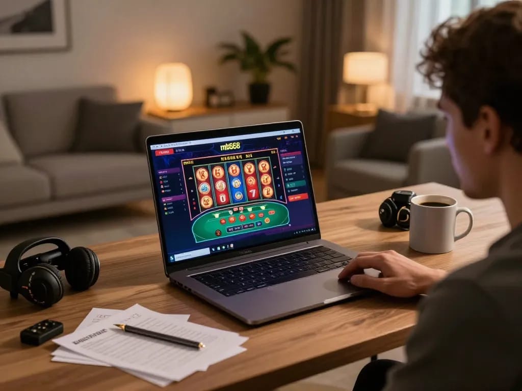 The user engages with mb668's online casino games on a laptop, showcasing a stylish gaming setup.