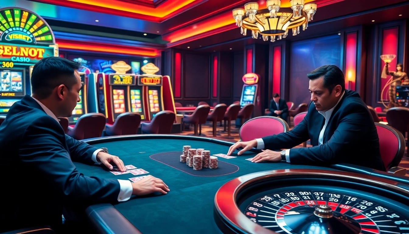 Engage in high-stakes poker at VSBET's luxurious casino table, showcasing professional gameplay and vibrant atmosphere.