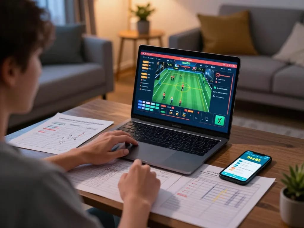 Engaged in online sports betting at home with the Soc88 app, showcasing a relaxed and strategic atmosphere.