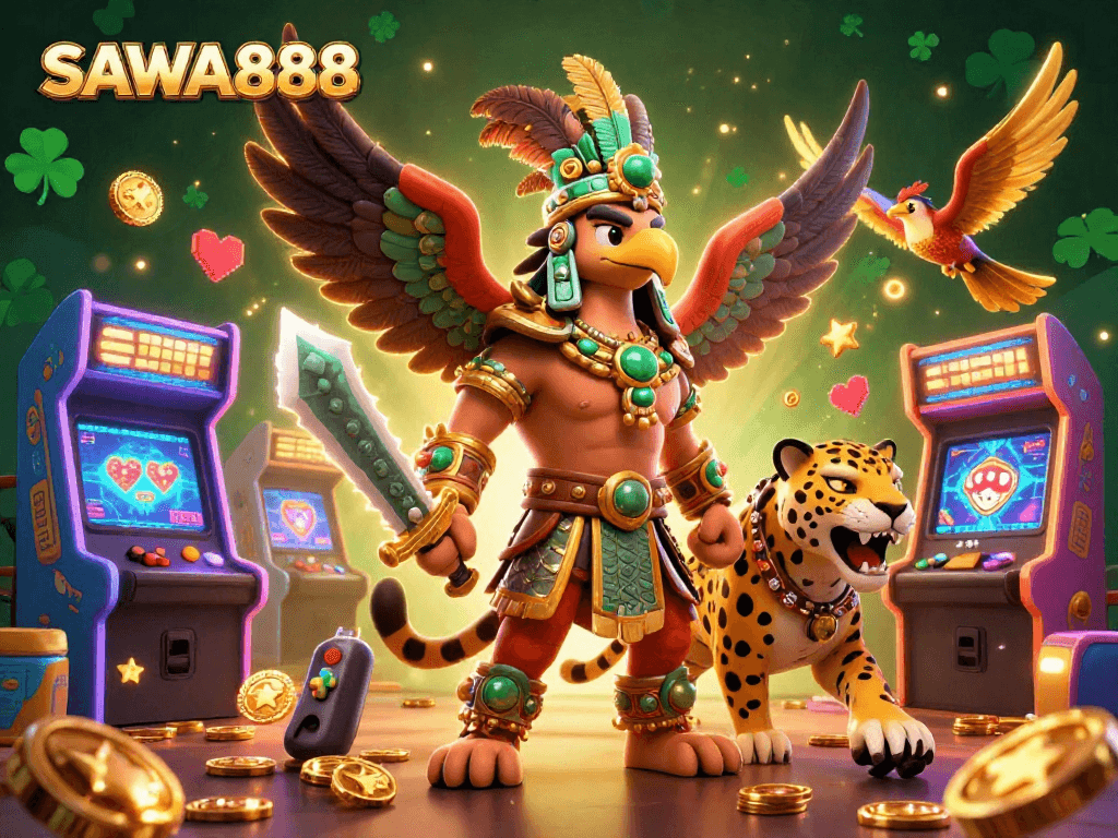 Experience thrilling gameplay with SAWA888 featuring Aztec warriors and vibrant arcade elements.