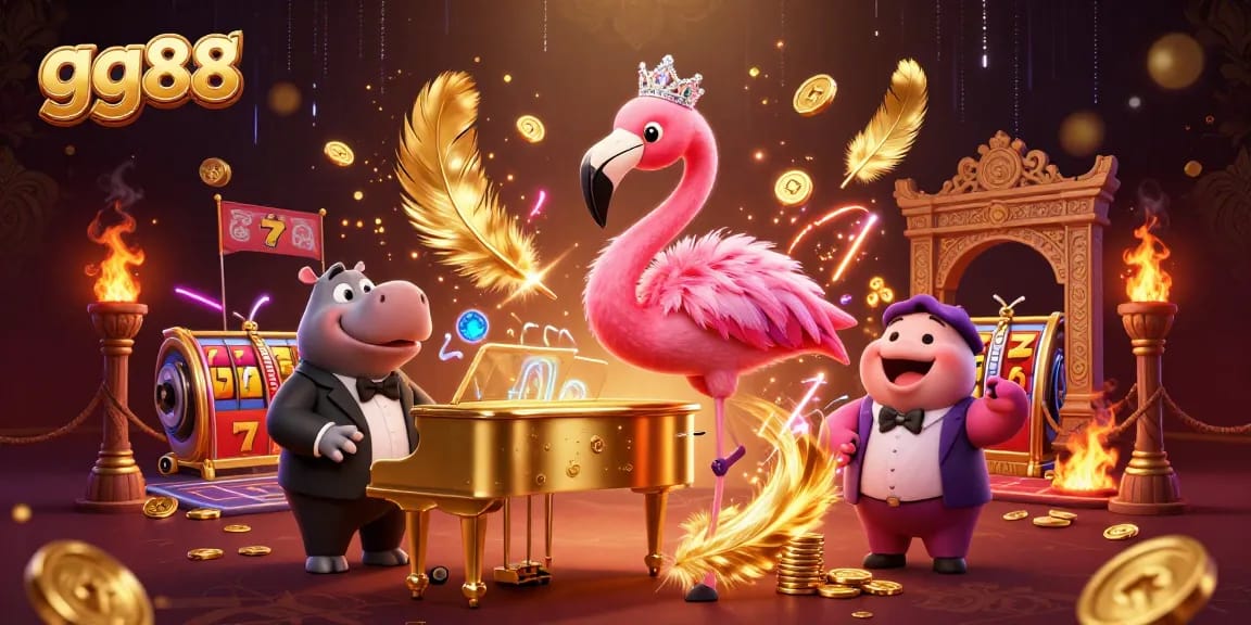Join the excitement at gg88 with vibrant casino characters enjoying slot games amidst stunning visuals.