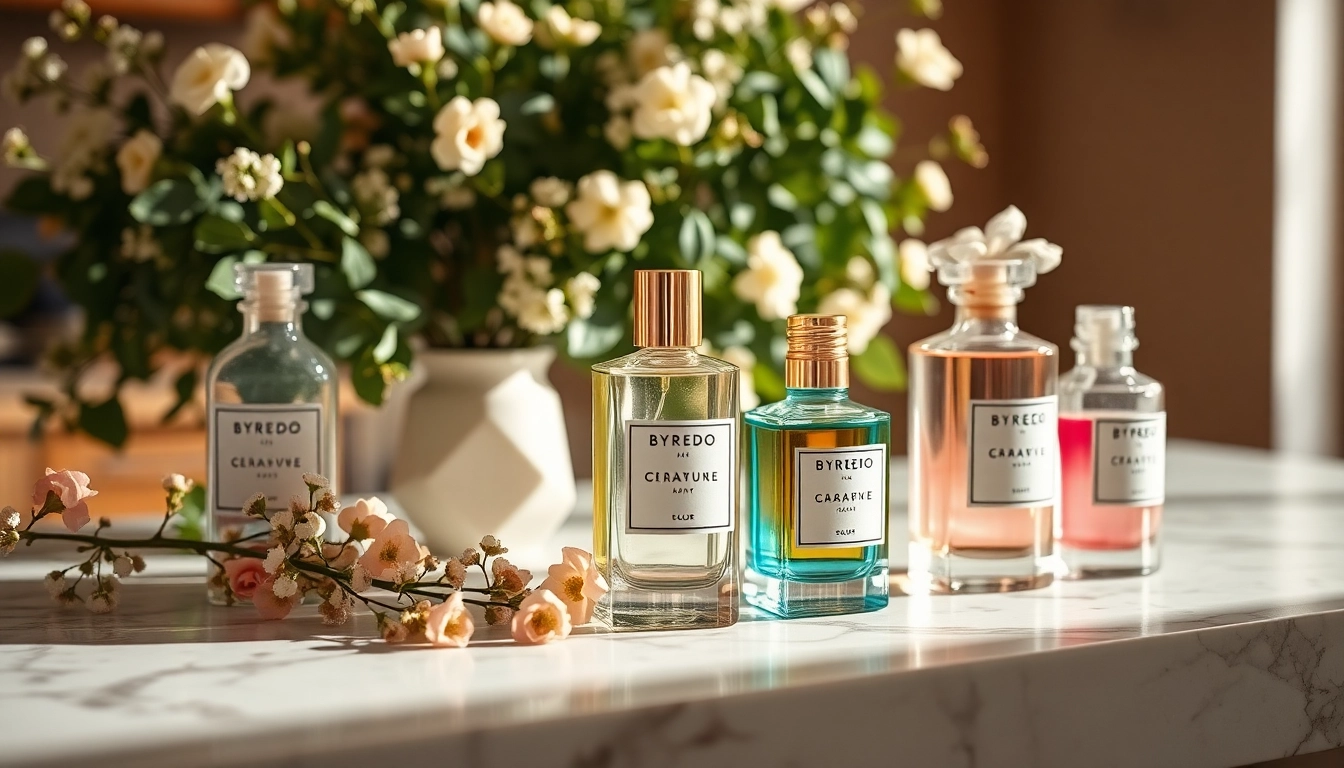 Discover high-quality Byredo perfume dupes elegantly displayed on a marble countertop with floral accents.