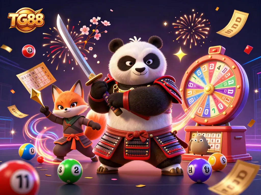 Engage in exciting gameplay at TG88 with a cartoon samurai panda, ninja fox, and Lottery themed elements.
