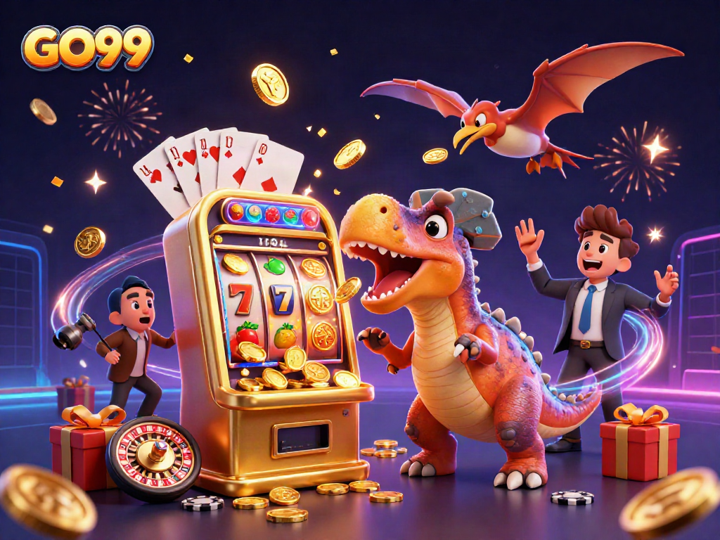GO99 illustrates a vibrant casino scene with dinosaurs, slot machines, and golden coins