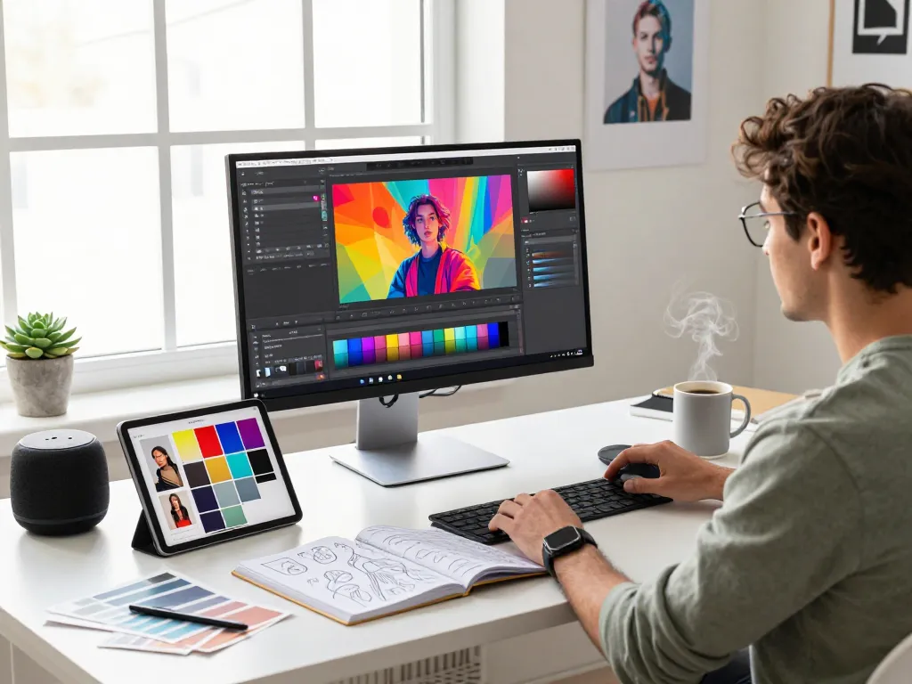 Designer using the nano banana pro AI for innovative image editing in a bright digital workspace