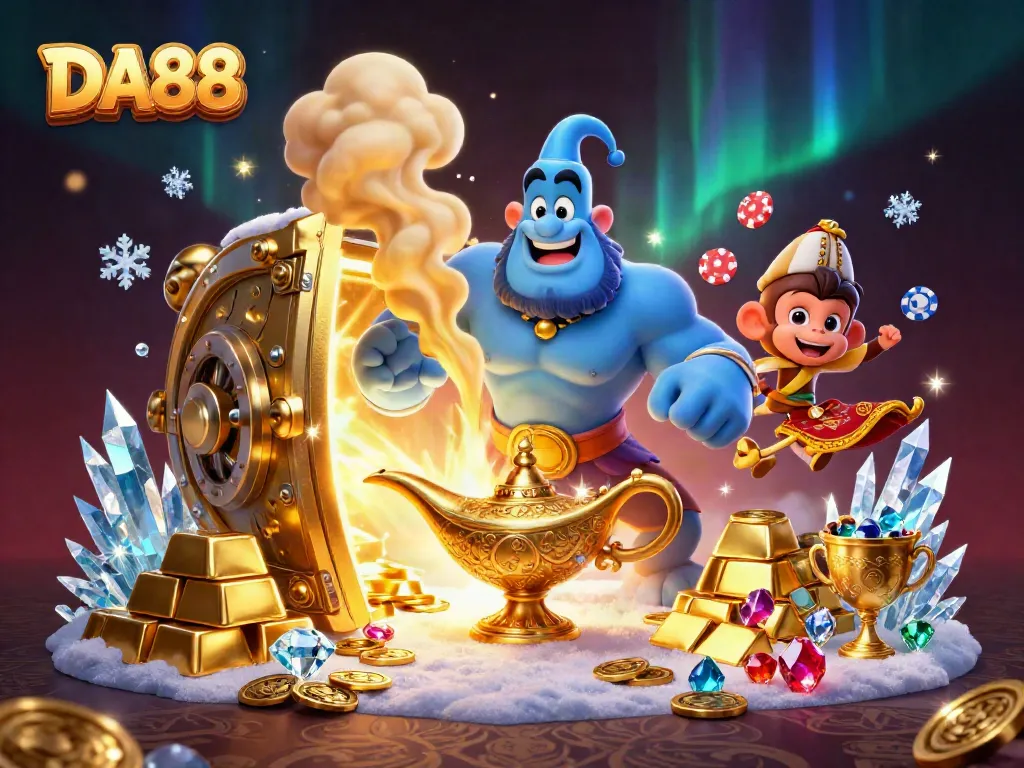 DA88 animated genie and monkey surrounded by casino treasures and poker chips.