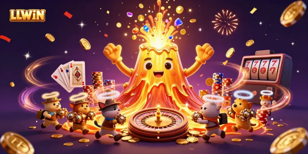 Experience LLWIN's excitement with a 3D erupting golden volcano and treasures flying everywhere!