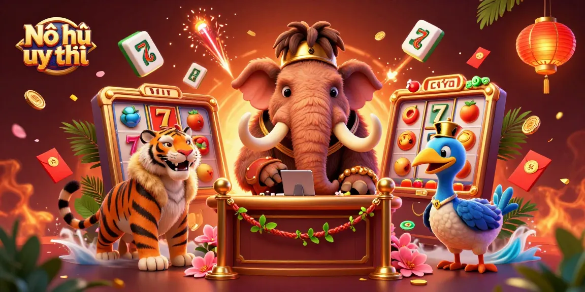 Nổ hũ uy tín showcases a vibrant casino scene featuring a mammoth bouncer, saber-tooth tiger VIP guest, and dodo doorman.