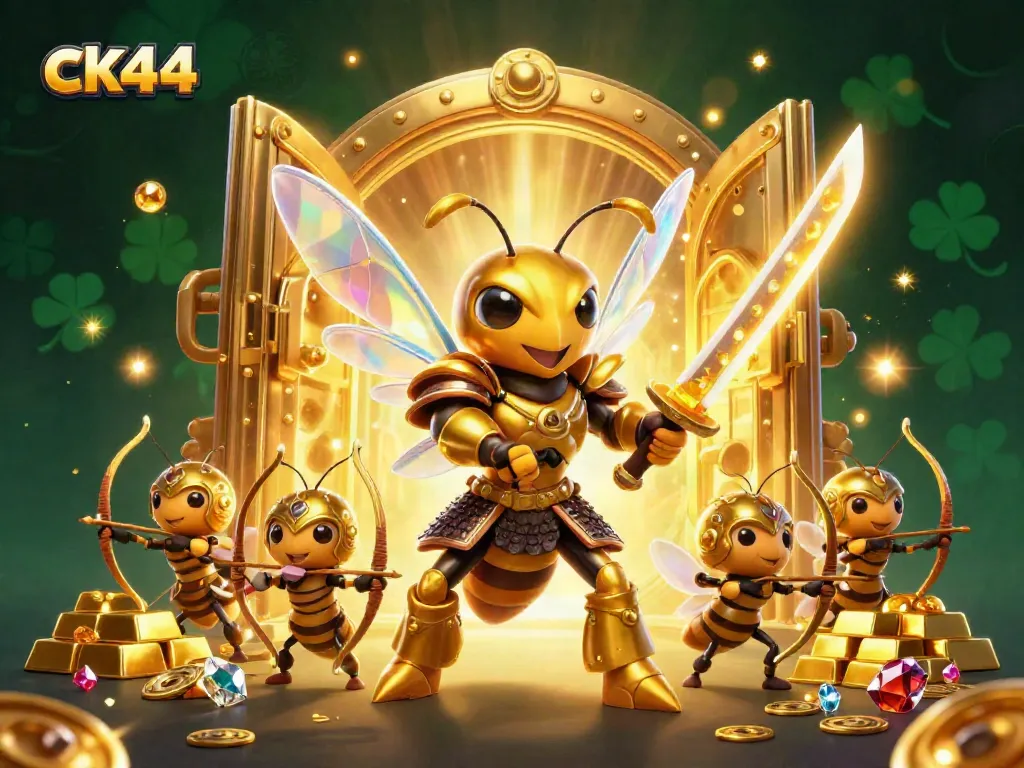 Experience thrilling gameplay with ck44’s golden characters amid a vibrant casino treasure scene.