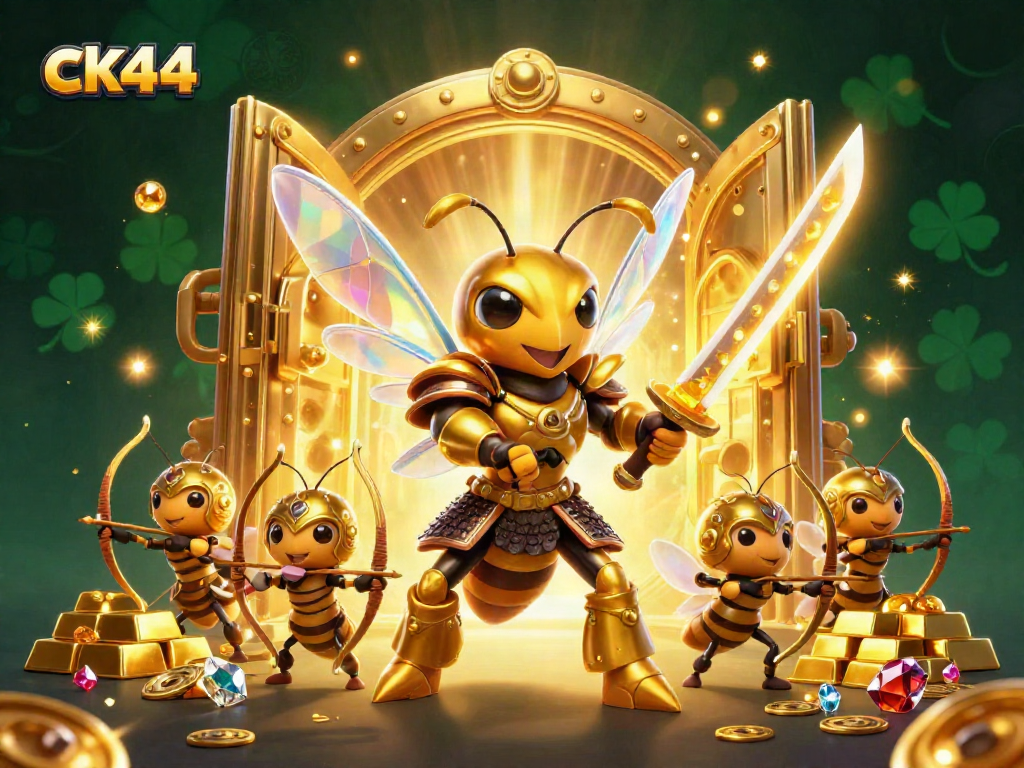 Experience thrilling gameplay with ck44’s golden characters amid a vibrant casino treasure scene.
