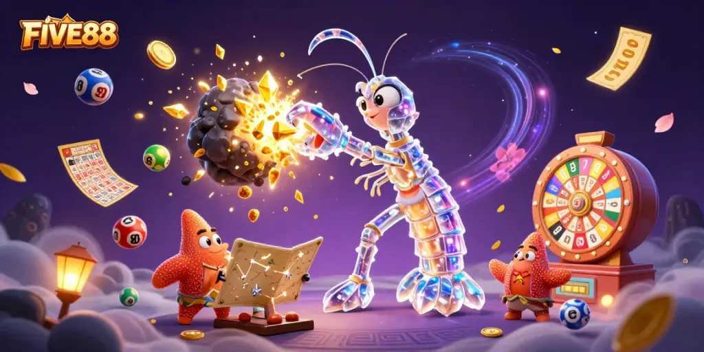 Experience the excitement of FIVE88 with colorful gambling elements and characters in a vibrant casino scene.